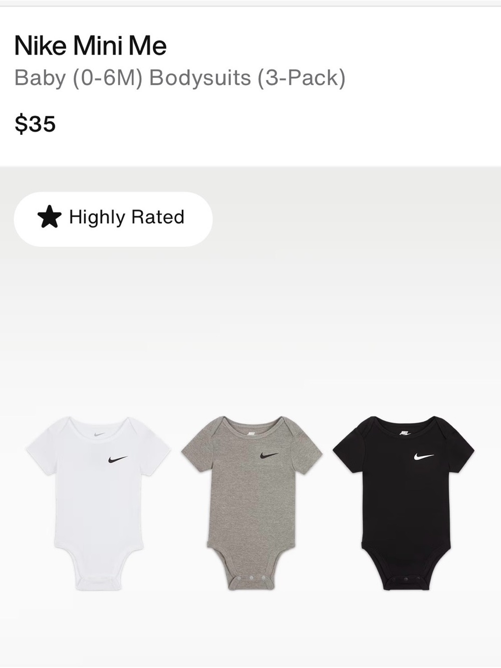 Nike Baby Bodysuit 3-Pack — White, Gray, Black size 6 months NWT